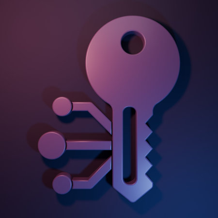 Purple Cryptocurrency key icon isolated on purple-blue background. Concept of cyber security or private key, digital key with technology interface. Minimalism concept. 3D render illustration.の写真素材