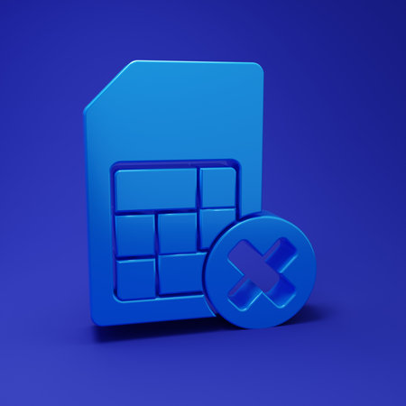 Blue Sim card rejected icon isolated on blue background. Mobile cellular phone sim card chip. Mobile telecommunications technology symbol. Minimalism concept. 3D render illustration.の写真素材