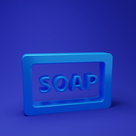 Blue Bar of soap icon isolated on blue background. Soap bar with bubbles. Minimalism concept. 3D render illustration.の写真素材