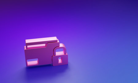 Pink Folder and lock icon isolated on purple-blue background. Closed folder and padlock. Security, safety, protection concept. Minimalism concept. 3D render illustration.の写真素材