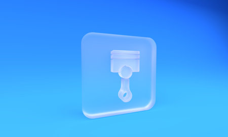 Frosted glass Engine piston icon isolated on blue background. Car engine piston sign. Square frosted glass button. 3D render illustration.の写真素材