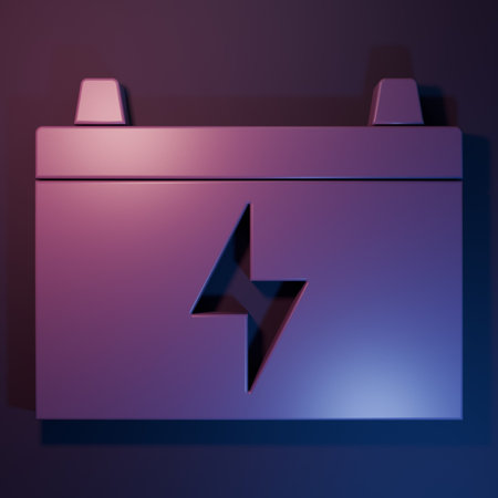 Purple Car battery icon isolated on purple-blue background. Accumulator battery energy power and electricity accumulator battery. Minimalism concept. 3D render illustration.の写真素材