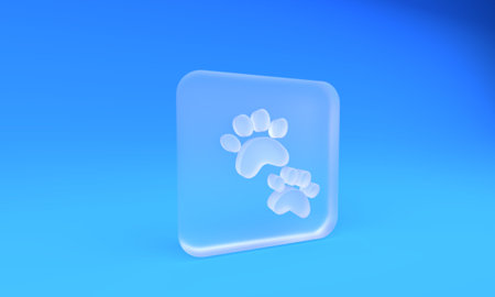 Frosted glass Paw print icon isolated on blue background. Dog or cat paw print. Animal track. Square...