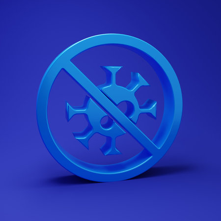 Blue Stop virus icon isolated on blue background. Corona virus 2019-nCoV. Bacteria and germs, cell cancer, microbe, fungi. Minimalism concept. 3D render illustration.の写真素材