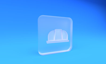 Frosted glass Worker safety helmet icon isolated on blue background. Insurance concept. Security, safety, protection, protect concept. Square frosted glass button. 3D render illustration.の写真素材
