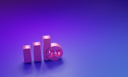 Pink 5G new wireless internet wifi connection icon isolated on purple-blue background. Global network high speed connection data rate technology. Minimalism concept. 3D render illustration.の写真素材