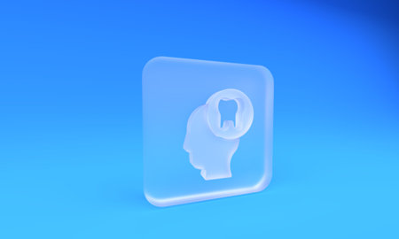 Frosted glass Human head with tooth icon isolated on blue background. Tooth symbol for dentistry...