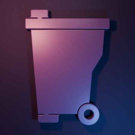 Purple Trash can icon isolated on purple-blue background. Garbage bin sign. Recycle basket icon. Office trash icon. Minimalism concept. 3D render illustration.の写真素材