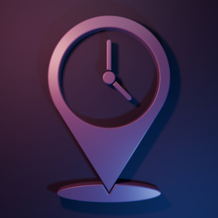 Purple Location with clock icon isolated on purple-blue background. Minimalism concept. 3D render...