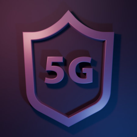 Purple Protective shield 5G wireless internet wifi icon isolated on purple-blue background. Global network high speed connection data rate technology. Minimalism concept. 3D render illustration.の写真素材