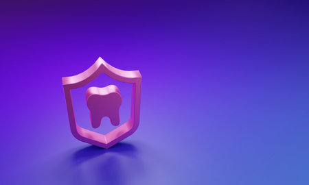 Pink Dental protection icon isolated on purple-blue background. Tooth on shield logo. Minimalism concept. 3D render illustration.の写真素材
