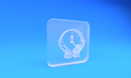 Frosted glass Clock icon isolated on blue background. Time symbol. Square frosted glass button. 3D...