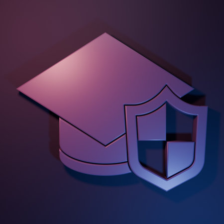 Purple Graduation cap with shield icon isolated on purple-blue background. Insurance concept. Security, safety, protection, protect concept. Minimalism concept. 3D render illustration.の写真素材