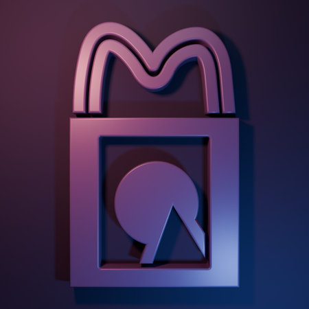 Purple Paper shopping bag icon isolated on purple-blue background. Package sign. Minimalism concept. 3D render illustration.の写真素材
