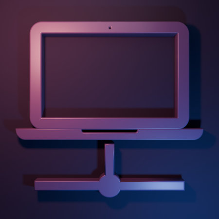 Purple Computer network icon isolated on purple-blue background. Laptop network. Internet connection. Minimalism concept. 3D render illustration.の写真素材