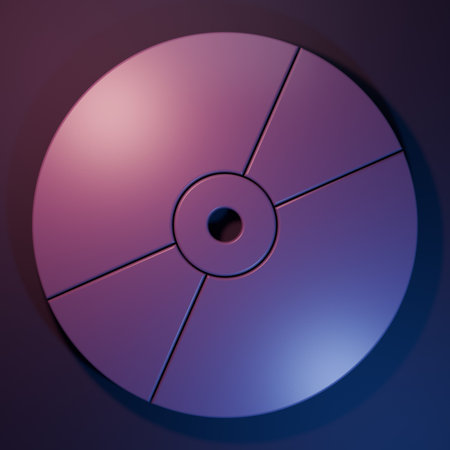 Purple CD or DVD disk icon isolated on purple-blue background. Compact disc sign. Minimalism concept. 3D render illustration.の写真素材