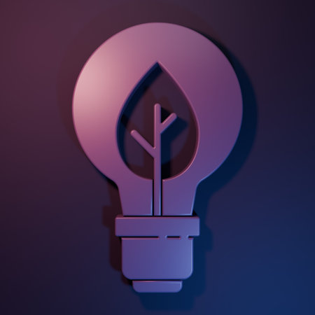 Purple Light bulb with leaf icon isolated on purple-blue background. Eco energy concept. Alternative energy concept. Minimalism concept. 3D render illustration.の写真素材