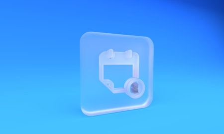 Frosted glass Calendar and clock icon isolated on blue background. Schedule, appointment, organizer, timesheet, time management, important date. Square frosted glass button. 3D render illustration.の写真素材