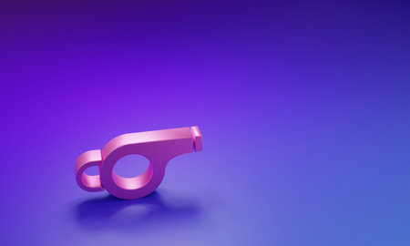 Pink Whistle icon isolated on purple-blue background. Referee symbol. Fitness and sport sign. Minimalism concept. 3D render illustration.の写真素材