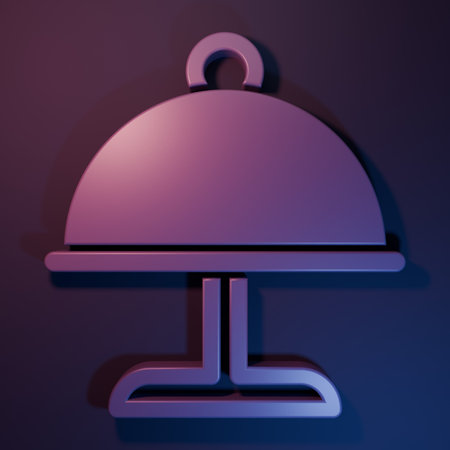Purple Covered with a tray of food icon isolated on purple-blue background. Tray and lid. Restaurant cloche with lid. Kitchenware symbol. Minimalism concept. 3D render illustration.の写真素材