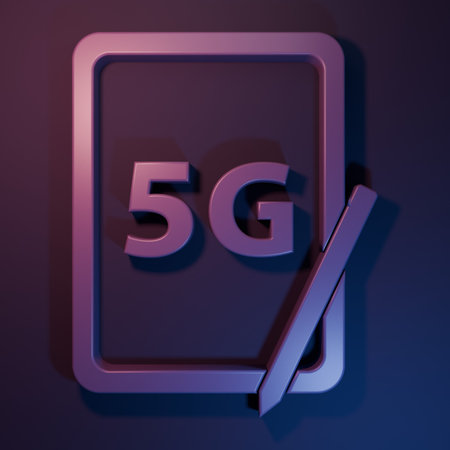 Purple Graphic tablet with 5G wireless internet wifi icon isolated on purple-blue background. Global network high speed connection data rate technology. Minimalism concept. 3D render illustration.の写真素材