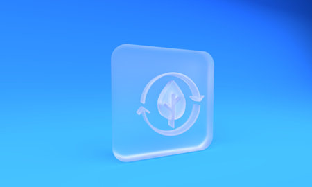 Frosted glass Recycle symbol and leaf icon isolated on blue background. Environment recyclable go green. Square frosted glass button. 3D render illustration.の写真素材