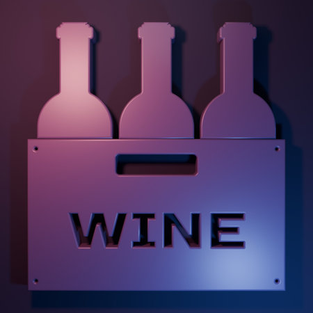 Purple Bottles of wine in a wooden box icon isolated on purple-blue background. Wine bottles in a...