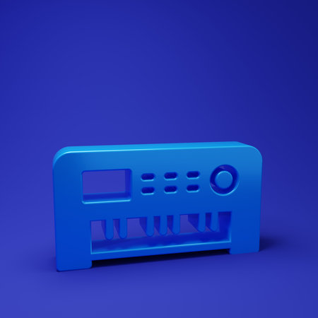 Blue Music synthesizer icon isolated on blue background. Electronic piano. Minimalism concept. 3D render illustration.の写真素材