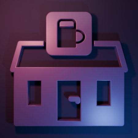 Purple Store building of beer shop icon isolated on purple-blue background. Brewery sign. Minimalism concept. 3D render illustration.の写真素材