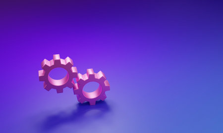 Pink Gear icon isolated on purple-blue background. Cogwheel gear settings sign. Cog symbol. Minimalism concept. 3D render illustration.の写真素材