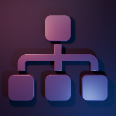 Purple Business hierarchy organogram chart infographics icon isolated on purple-blue background. Corporate organizational structure graphic elements. Minimalism concept. 3D render illustration.の写真素材