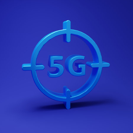 Blue 5G new wireless internet wifi connection icon isolated on blue background. Global network high speed connection data rate technology. Minimalism concept. 3D render illustration.の写真素材