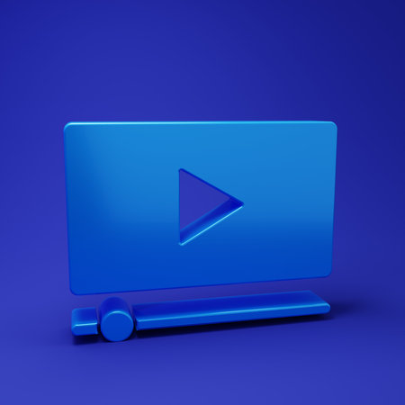 Blue Online play video icon isolated on blue background. Film strip with play sign. Minimalism concept. 3D render illustration.の写真素材