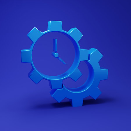 Blue Time Management icon isolated on blue background. Clock and gear sign. Productivity symbol....
