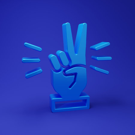 Blue Hand showing two fingers icon isolated on blue background. Victory hand sign. Minimalism concept. 3D render illustration.の写真素材