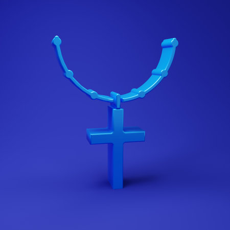 Blue Christian cross on chain icon isolated on blue background. Church cross. Minimalism concept. 3D render illustration.の写真素材