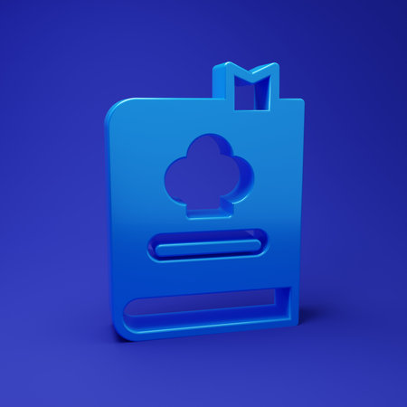 Blue Cookbook icon isolated on blue background. Cooking book icon. Recipe book. Fork and knife icons. Cutlery symbol. Minimalism concept. 3D render illustration.の写真素材