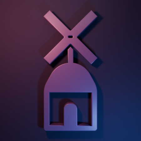 Purple Windmill icon isolated on purple-blue background. Minimalism concept. 3D render illustration.の写真素材