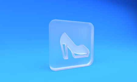 Frosted glass Woman shoe with high heel icon isolated on blue background. Square frosted glass button. 3D render illustration.の写真素材