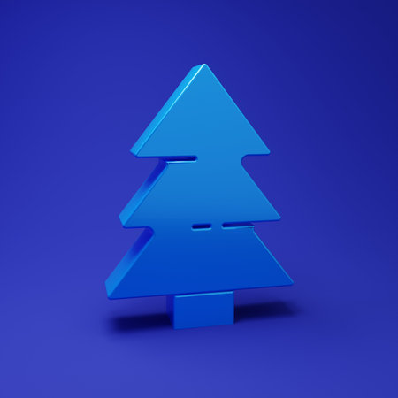 Blue Christmas tree icon isolated on blue background. Merry Christmas and Happy New Year. Minimalism concept. 3D render illustration.の写真素材