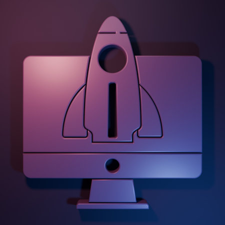 Purple Business startup project concept icon isolated on purple-blue background. Symbol of new business, entrepreneurship, innovation and technology. Minimalism concept. 3D render illustration.の写真素材