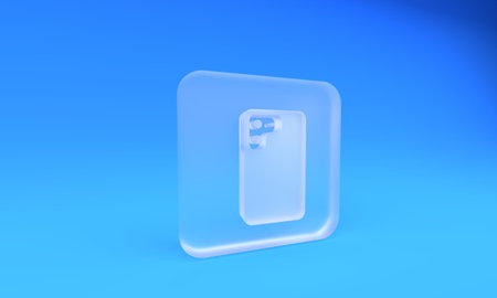 Frosted glass Smartphone, mobile phone icon isolated on blue background. Square frosted glass button. 3D render illustration.の写真素材
