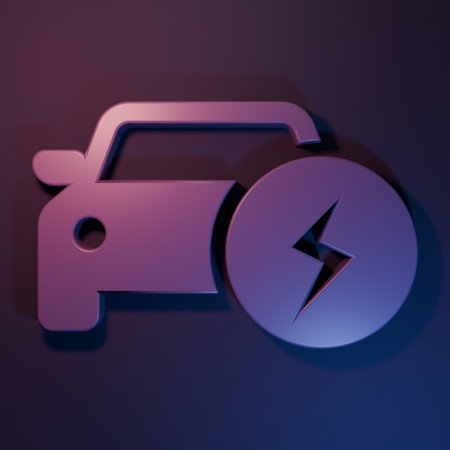 Purple Electric car and electrical cable plug charging icon isolated on purple-blue background. Renewable eco technologies. Minimalism concept. 3D render illustration.の写真素材