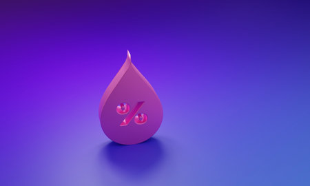 Pink Water drop percentage icon isolated on purple-blue background. Humidity analysis. Minimalism concept. 3D render illustration.の写真素材