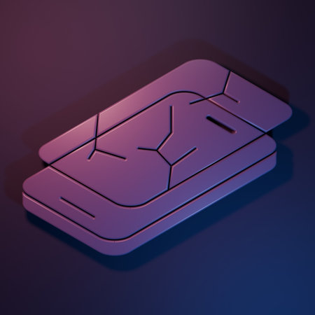 Purple Smartphone with broken screen icon isolated on purple-blue background. Shattered phone screen icon. Minimalism concept. 3D render illustration.の写真素材
