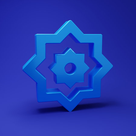 Blue Islamic octagonal star ornament icon isolated on blue background. Minimalism concept. 3D render illustration.の写真素材
