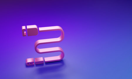 Pink Audio jack icon isolated on purple-blue background. Audio cable for connection sound equipment. Plug wire. Musical instrument. Minimalism concept. 3D render illustration.の写真素材