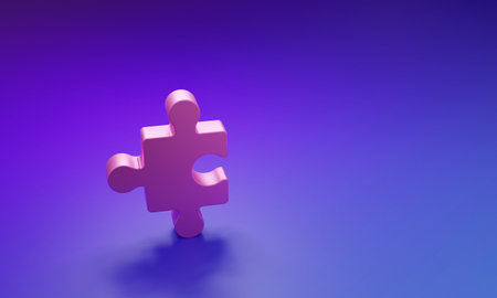 Pink Piece of puzzle icon isolated on purple-blue background. Business, marketing, finance, layout, infographics, internet concept. Minimalism concept. 3D render illustration.の写真素材