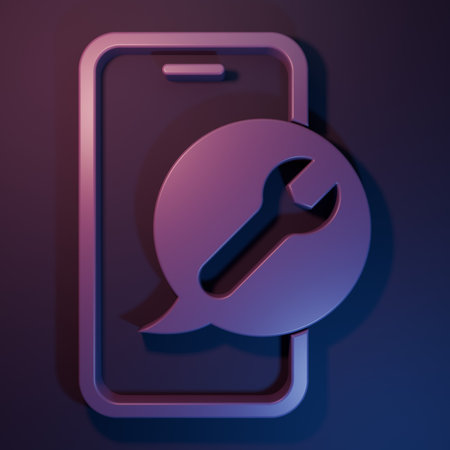 Purple Mobile phone with wrench icon isolated on purple-blue background. Adjusting, service, setting, maintenance, repair. Minimalism concept. 3D render illustration.の写真素材
