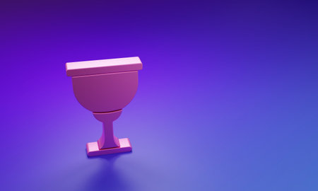 Pink Holy grail or chalice icon isolated on purple-blue background. Christian chalice. Christianity icon. Minimalism concept. 3D render illustration.の写真素材